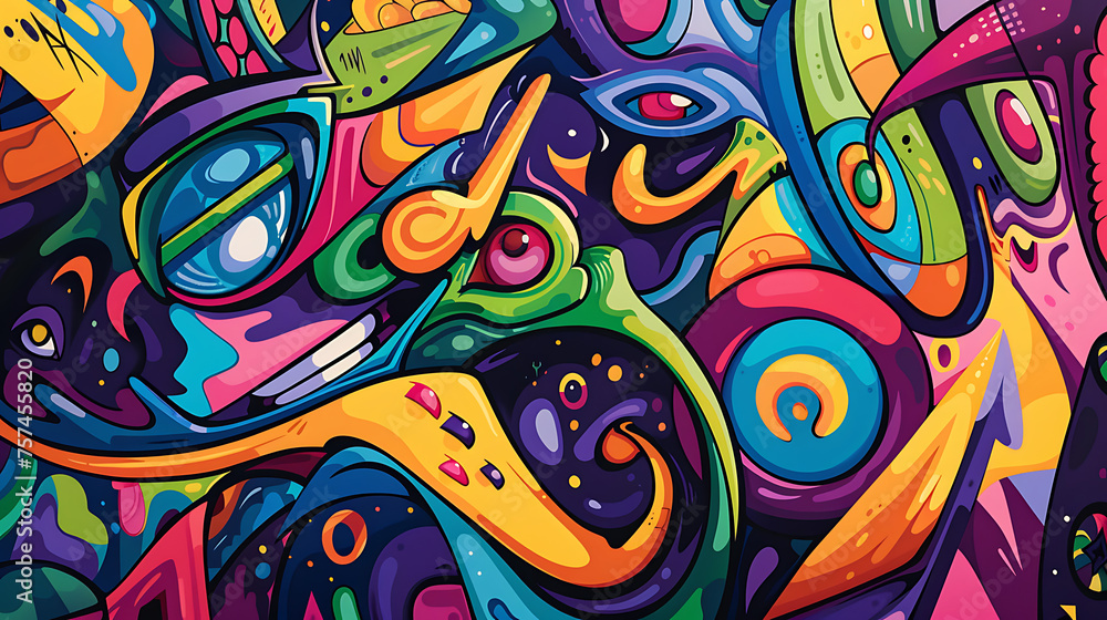 A vibrant street art mural depicting a kaleidoscope of colors and abstract shapes, covering an entire city block