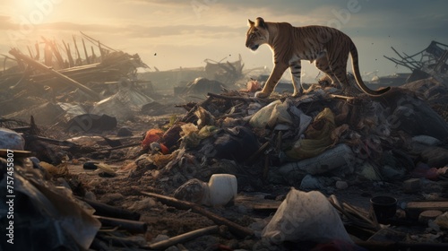 Animals scavenge and scatter garbage everywhere. The area around the garbage pile is dirty. #757455807