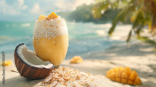 Exotic mango cocktail garnished with toasted coconut flakes on a sandy beach, giving a feeling of relaxation and luxury