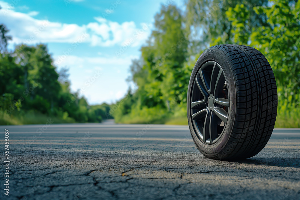 summer tire ad image on alloy wheel rim, tyre on summer highway with copy space on green forest summer tire ad image on alloy wheel rim, tyre on summer highway with copy space on green forest