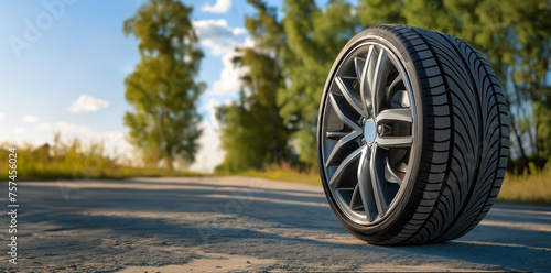 summer tire ad image on alloy wheel rim, wide tyre on summer highway with copy space on green forest
