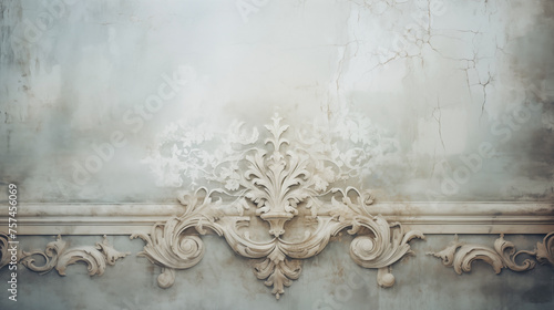 Vintage ornate plasterwork background with faded wall cracks photo