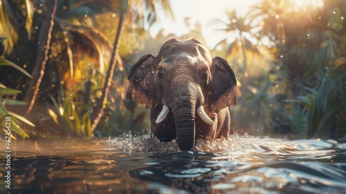 Baby elephant playing in the river Show a cheerful, bright demeanor, paying attention photo