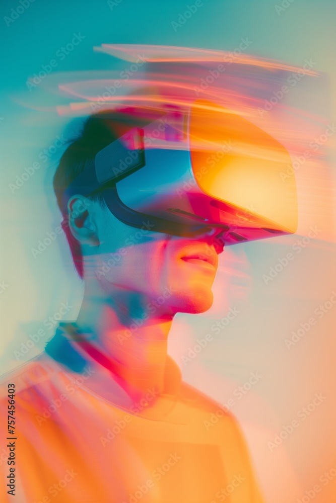 A blurred person wearing virtual reality VR glasses in motion blur on a bright colorful background. A blurred person wearing virtual reality VR glasses in motion blur on a bright colorful background.