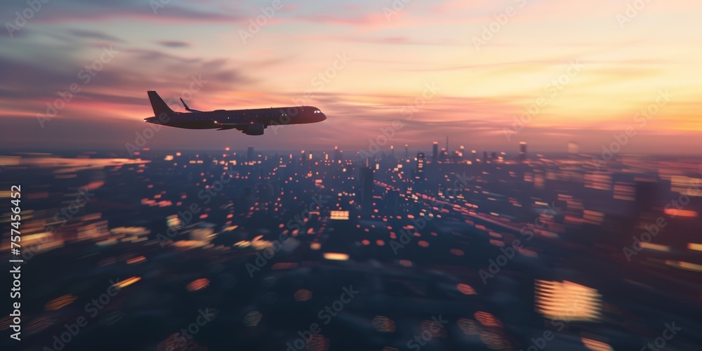 passenger plane flies over the night city Generative AI - obrazy, fototapety, plakaty 