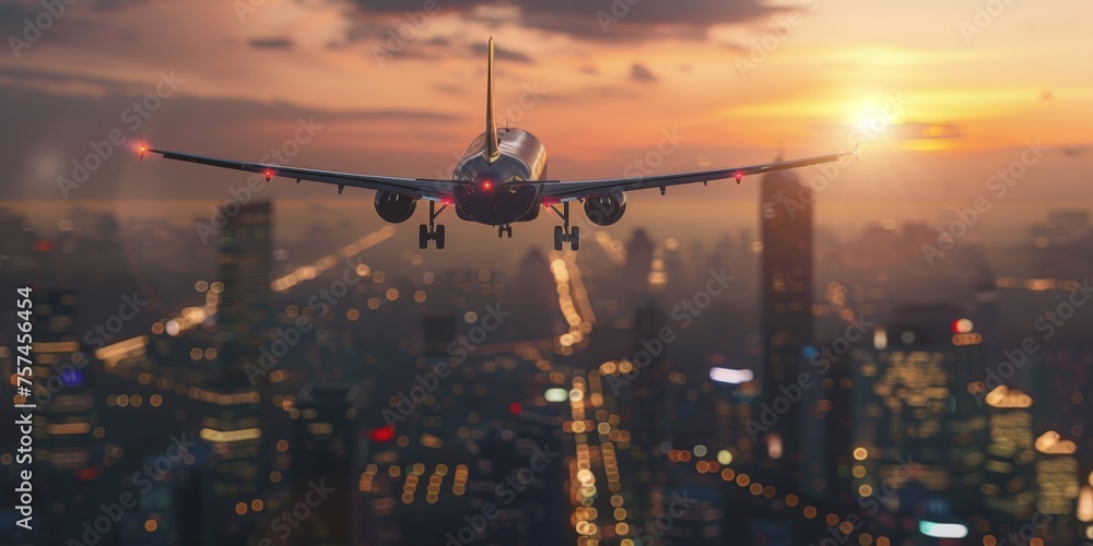 passenger plane flies over the night city Generative AI - obrazy, fototapety, plakaty 