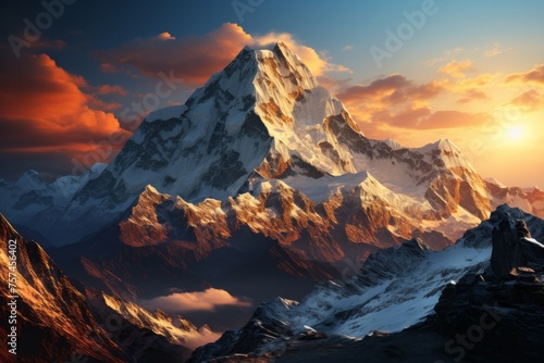 Snowcovered mountain under a sunset sky, creating a stunning natural landscape