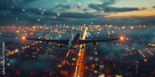 passenger plane flies over the night city Generative AI