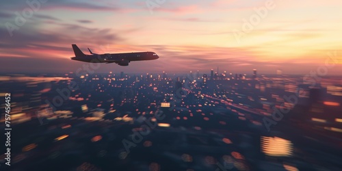 passenger plane flies over the night city Generative AI photo
