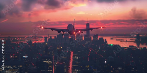 passenger plane flies over the night city Generative AI