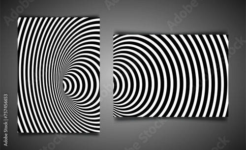 Set template Wormhole Optical Illusion, Geometric Black and White Abstract Hypnotic Worm Hole Tunnel, Vector Abstract Twisted Vector Illusion 3D Optical Art background 
