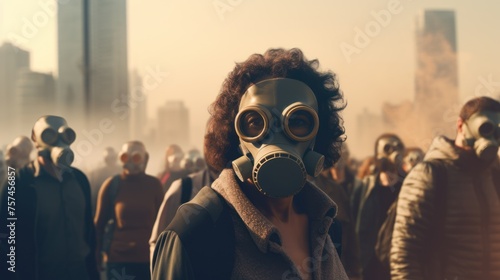 Big cities covered in toxic fumes People wearing masks Depicts the problem of air pollution #757456857