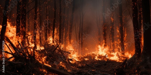 Mountains engulfed in flames as forest fires spread  with dry grass and trees igniting in the foreground