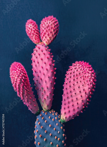 Cactus pink on blue background fashionable concept minimal. Set Neon Cactus. For invitation, greeting card