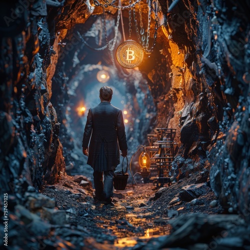 A man ventures inside a dark cave illuminated by a large, glowing Bitcoin symbol, evoking themes of risk and discovery