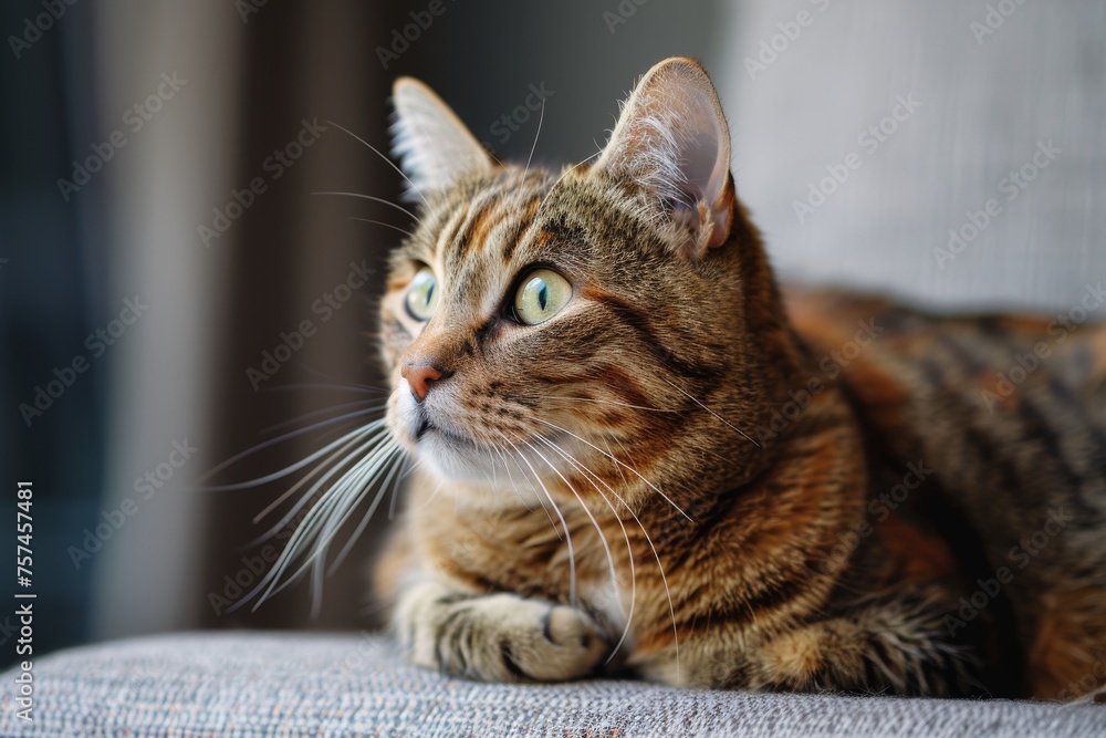 Naklejka premium Tabby Cat with Green Eyes Lounging Indoors