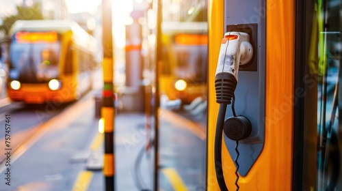 An electric charger connected to a stationary bus on a bustling city street photo
