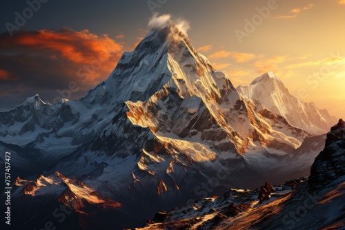 Snowy mountain with sunset backdrop in natural landscape © JackDong