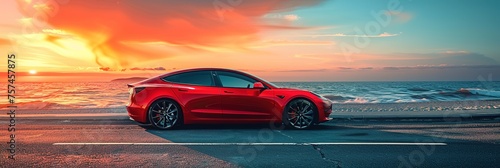 Banner image of a red car standing parked on an asphalt road near a beach with a scenic sea view on a background
