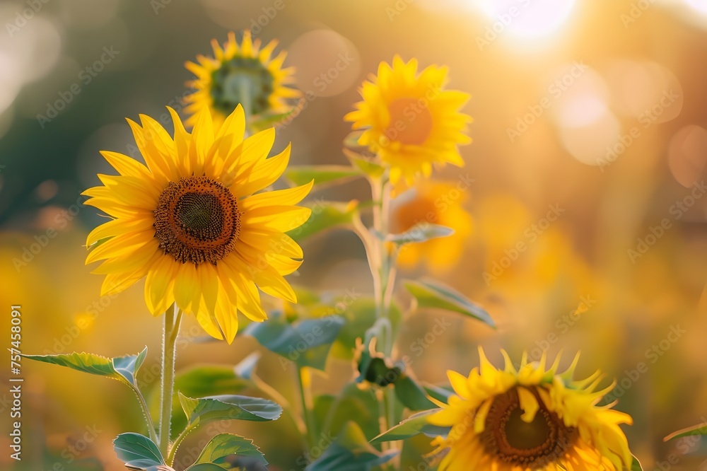 Fototapeta premium Sunflowers blooming in the rice fields, beautiful scenery, summer scenery, freshness.Generative AI