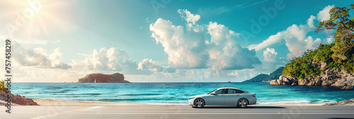 Banner image of a white car parked on a beach, with a picturesque view of the sea bay and island in the background © Маргарита Вайс