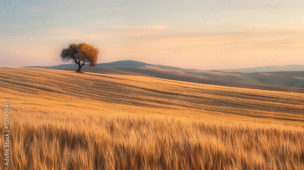 a solitary tree between a field of wheat and cloudy sky - obrazy, fototapety, plakaty 