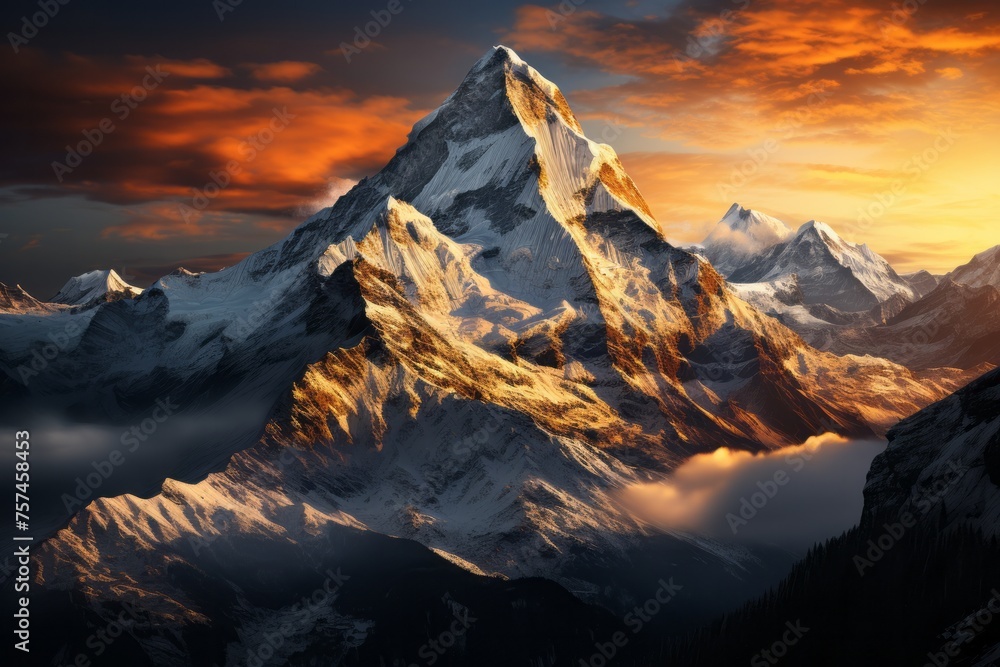 Snowcovered mountain peaks with clouds at sunset in the natural landscape