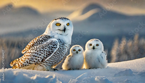 Snowy Owl  sitting in snow with his young chicks in arctic circle with slow fall  photo