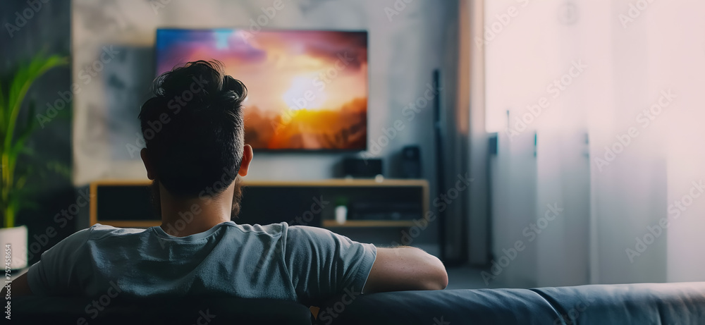 man sitting on the sofa in a living room watching television - copy space man sitting on the sofa in a living room watching television - copy space