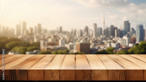 The empty wooden table top with blur background of cityscape. Exuberant image. generative AI