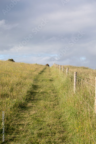 An empty grass path leading uphill looks relaxing and inviting for an easy hike. A wooden fence leads the way into the countryside.