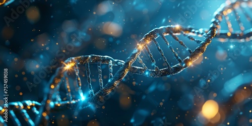 A digital illustration of a DNA double helix with a glowing blue background.