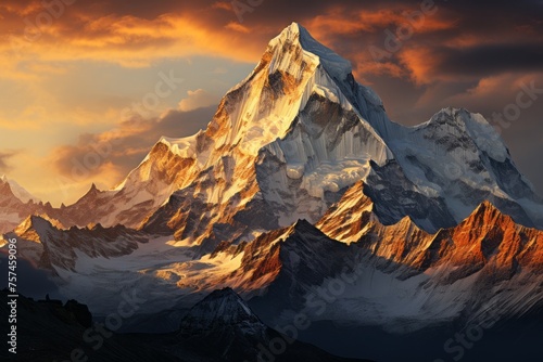 Snowy mountain at sunset with cloudy sky in the background © JackDong