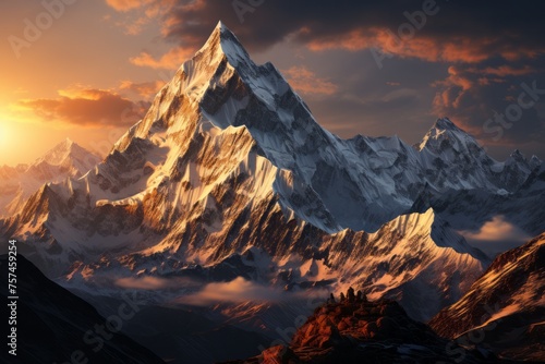 Snowcovered mountain at sunset with sunlight piercing through clouds in the sky