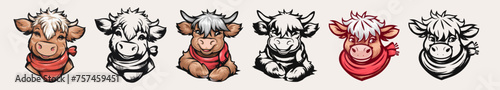 Cute highland cow with a cozy red scarf around its neck silhouette vintage collection set, Generative Ai