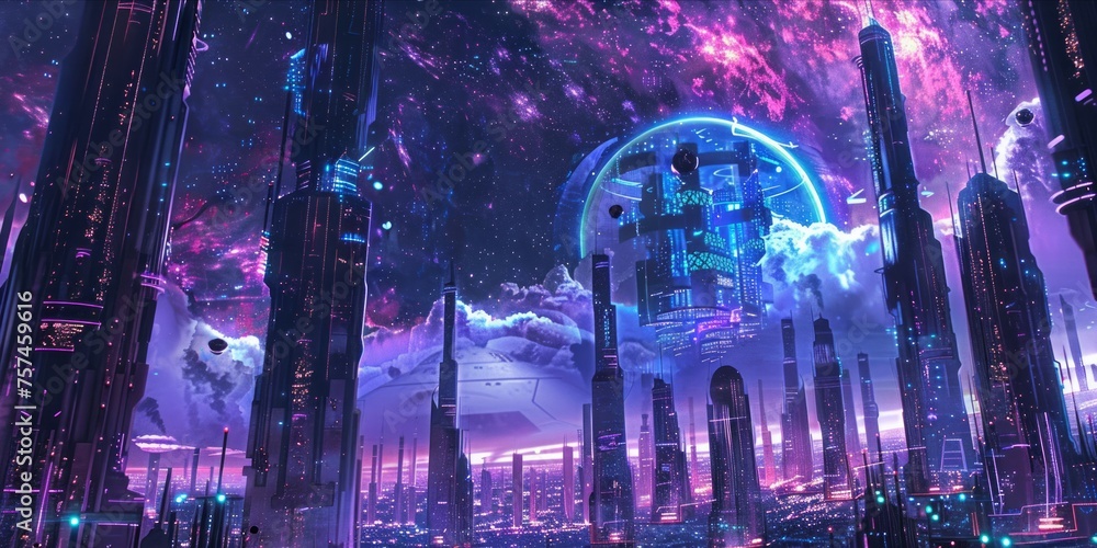 Futuristic cityscape with glowing structures under a night sky. Futuristic cityscape with glowing structures under a night sky.