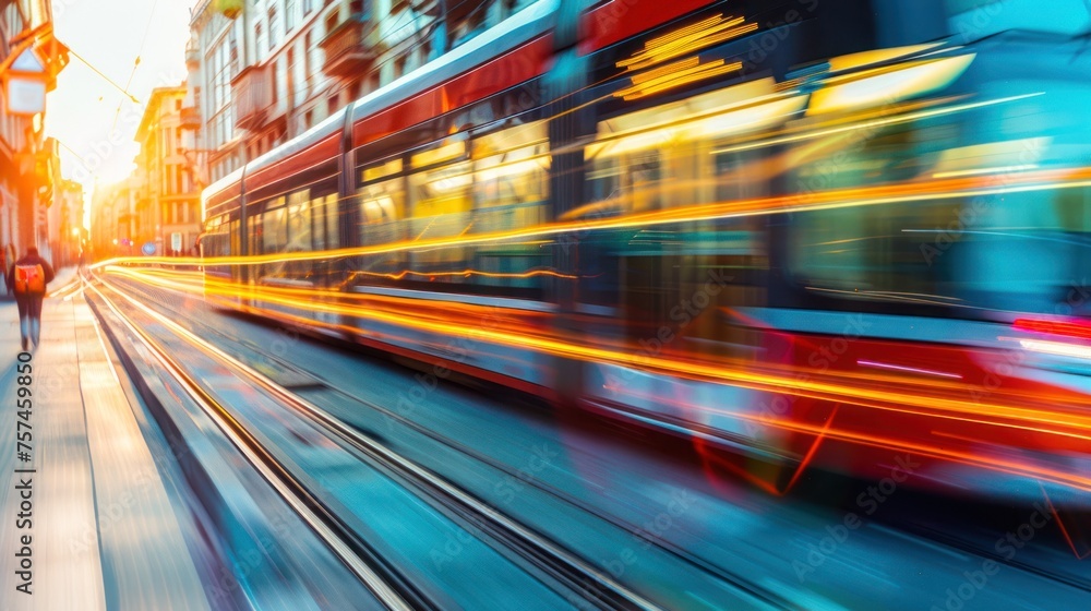 A vivid portrayal of an oncoming tram moving fast with light trails, exemplifying bustling city life and rapid transit