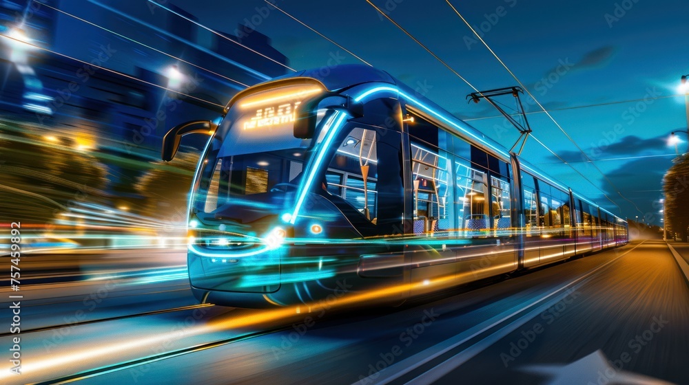 Showcasing the sleek design of a modern tram against a night city backdrop, reflecting advanced public transportation