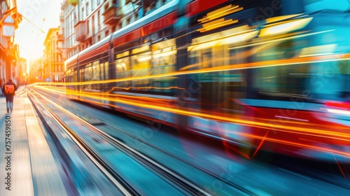 A vivid portrayal of an oncoming tram moving fast with light trails, exemplifying bustling city life and rapid transit