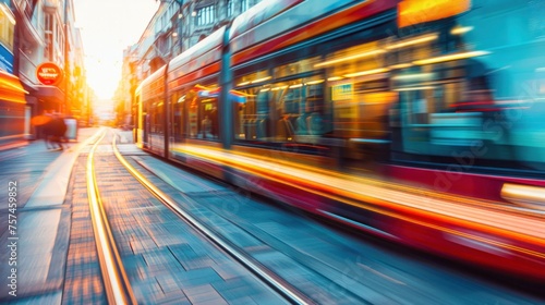 Dynamic view of a colorful tram in motion blur gliding through the urban street, representing speed and modern city transport