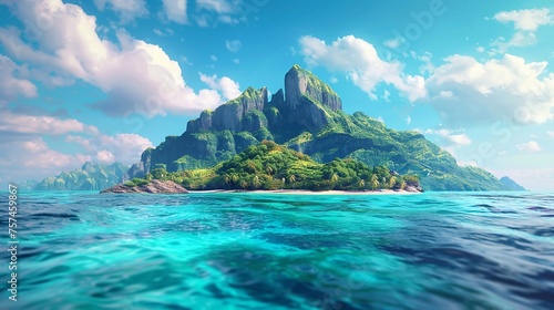 Tropical island in blue water ocean and summer sky. Empty banner scene for summer vacation presentation