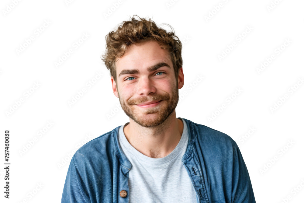 Obraz premium Studio portrait of a handsome young white Americana man with a beautiful smile wearing casual outfits looking at camera, isolated on transparent png background.