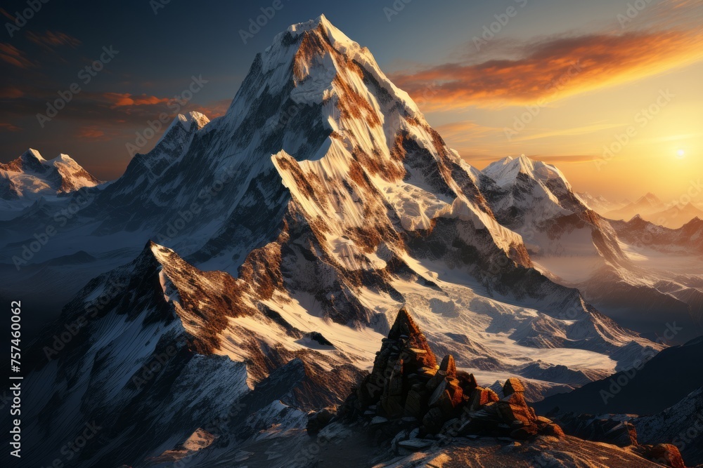 Snowy mountain peak at sunset, with a colorful sky backdrop