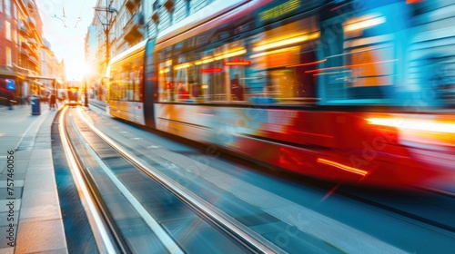 A bustling city scene with a tram swiftly passing through the streets as the light of sunset casts a warm glow
