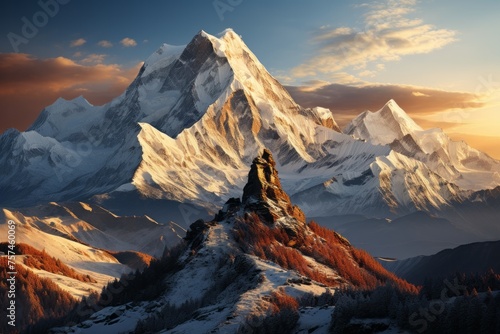 Snowcovered mountain range at sunset in a world of natural beauty