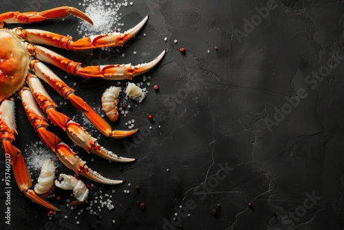 An orange crab sits on a black surface, showcasing its vibrant color against the dark background