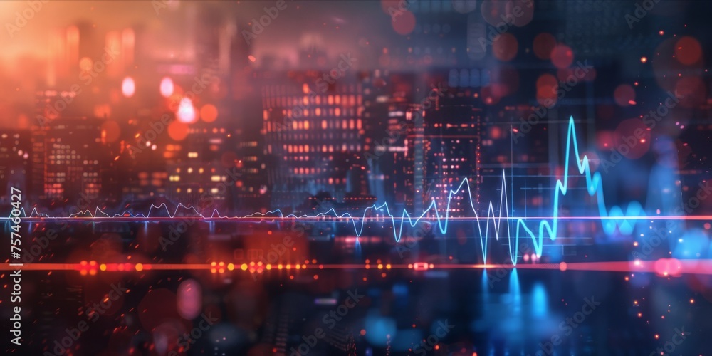 Abstract heartbeat pulse line with a futuristic city background. Abstract heartbeat pulse line with a futuristic city background.