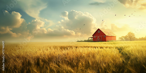 Farm and agriculture creative background. Rural landscape, field with agricultural cultivation, wheat crop and red barn. 