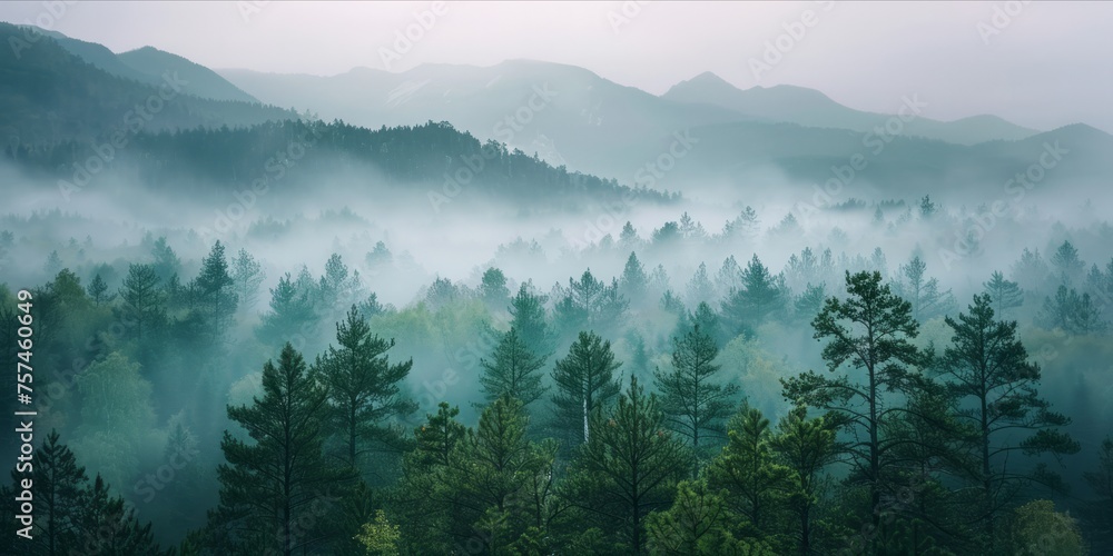 Misty pine forest with distant mountain silhouettes.