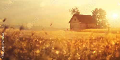 Farm and agriculture creative background. Rural landscape, field with agricultural cultivation, wheat crop and barn. 